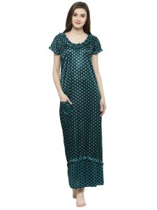 N-Gal Women's Satin Half Sleeves Polka Dot Nighty Night Dress Nightwear_Green