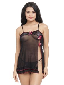 N-Gal Women's Polyester Spandex Sheer Lace Cups Pretty Flirty Babydoll Night Dress with G-String Nightwear_Black