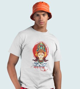 Shubh Navratri printed unisex adults round neck cotton half-sleeve white tshirt specially for Navratri festival/ Durga puja