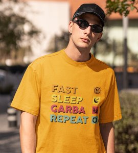 Fast sleep garba repeat printed unisex adults round neck cotton half-sleeve yellow tshirt specially for Navratri festival/ Durga puja