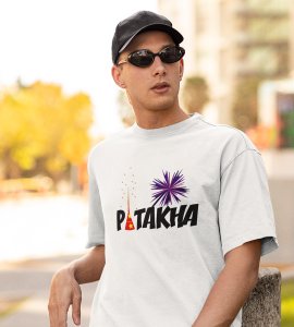 Patakha printed diwali themed unisex round neck blended white t-shirt specially for diwali festival