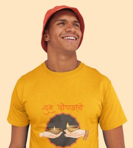 Shubh dipawali text printed diwali themed unisex round neck blended yellow t-shirt specially for diwali festival