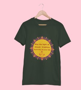 Small diyas surrounded mandala art printed diwali themed unisex round neck blended green t-shirt specially for diwali festival