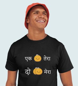 Ek laddoo tera, Do laddoo mera printed diwali themed unisex round neck blended black t-shirt specially for diwali festival