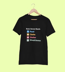 Basic human needs printed diwali themed unisex round neck blended black t-shirt specially for diwali festival