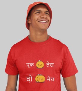 ek ladoo tera, do ladoo mera printed diwali themed unisex round neck blended red t-shirt specially for diwali festival