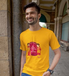 Gujju animated couple printed diwali themed unisex round neck blended yellow t-shirt specially for diwali festival