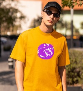 Om! Yellow Round Neck Cotton Half Sleeved Men T-Shirt with Printed Graphics