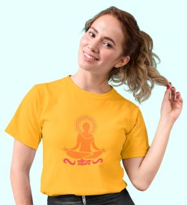 Just Yoga Yellow Round Neck Cotton Half Sleeved Women T-Shirt with Printed Graphics