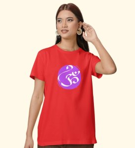 Om! Red Round Neck Cotton Half Sleeved Women T-Shirt with Printed Graphics