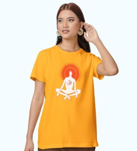 Power Of Om Yellow Round Neck Cotton Half Sleeved Women T-Shirt with Printed Graphics