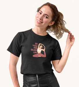 Stretch Into Happiness Black Round Neck Cotton Half Sleeved WomenT-Shirt with Printed Graphics