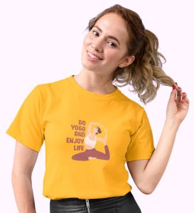 Stretch Into Happiness Yellow Round Neck Cotton Half Sleeved Women T-Shirt with Printed Graphics