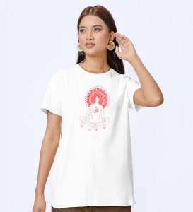 Power Of Om White Round Neck Cotton Half Sleeved Women T-Shirt with Printed Graphics