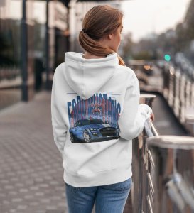 Performance Meets Perfection High-Power Sports Car Printed White Hoodie for Women