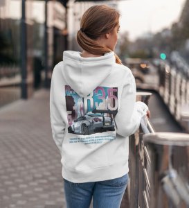 R35: Where Power Knows No Limits High-Performance Car Printed White Hoodie for Women